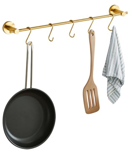 Handtuchstange mit 5 S-förmigen Haken, Messing, gebürstetes Gold, Handtuchhalter für Badezimmer und Küche