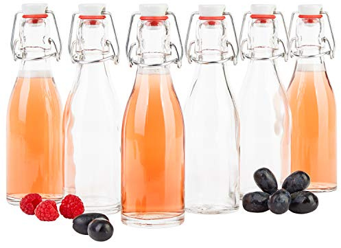 MamboCat 6er Set Bügelflaschen Leere Glasflaschen zum Befüllen 200ml I Flaschen für Likör zum selbst Befüllen I Trinkflasche Glas mit Bügelverschluss Kopf aus Porzellan mit Gummidichtung