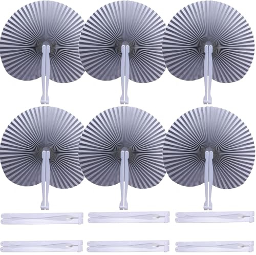 Bestage 20 Pieces Decorative Paper Folding Hand Fans Handheld,Silver Round Wedding Foldable Fans Chinese and Japanese Fans Bulk for Bridal Guest Church Party Favors Dancing Birthday DIY