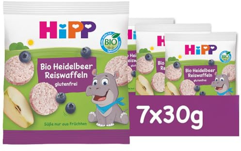 HiPP Bio Heidelbeer Reiswaffeln (7 x 30g), Babysnack ab 8. Monat, Süße nur aus Früchten, in bester Bio-Qualität