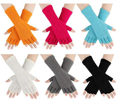 6 Pairs Winter Fingerless Gloves for Women Unisex Finger Gloves Warm Stretchy Knit Fingerless Glove 8.6 Inches(Black, White, Blue, Orange, Pink, Grey)