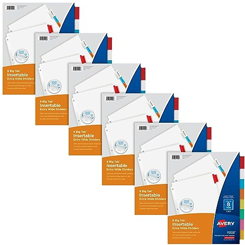 Avery Big Tab Extra-Wide Insertable Dividers for 3 Ring Binders, 8-Tab Set, Multicolor, 6 Sets (21211)