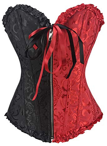 RHISLEO Women Black Red Bustier Burlesque Basque Rouge Zip Lace Up Boned Corset Top (Floral Black Red (Zip up), 10)