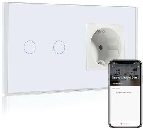 BSEED Normale Steckdose mit Smart ZigBee Lichtschalter, intelligenter Wandschalter Kompatibel mit Alexa und Google Home, 2 fach 1 Weg Unterputz Schalter 250V Weiß (Hub erforderlich)