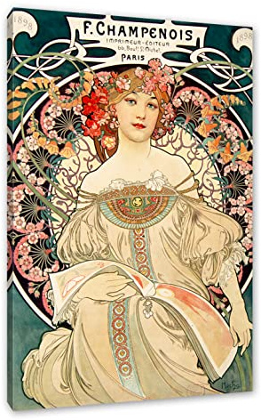 Pixxprint Alfons Mucha - Frau umringt von Blumen, Größe: 60x40cm, Leinwandbild, fertig gespannt, Wandbild, Dekoration, Kunstdruck, kein Poster