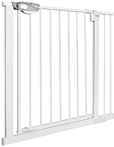 XMTECH Treppengitter 85-95 cm, Weiß, Türschutzgitter ohne Bohren Kinder | Robustes ABS+Stahlrohr, Druckmontage ohne Bohren, Auto-Close, 180° Öffnung für Treppe, Flur, Küche und Haustiere.