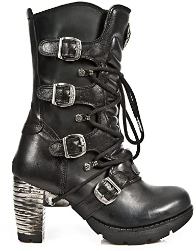 New Rock Boots TR003-S1 Ladies Metallic Black Leather Biker Heel Goth Punk Shoes Ankle Fashion Boots 40