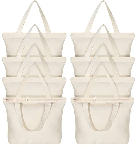 Epakh Canvas Tote Bag with Zipper - Bulk Reusable Large Blank Cotton Grocery Shopping Tote for Women Men DIY Crafting(16.5 x 3.9 x 13.4 Inch,Beige,8 Pack)