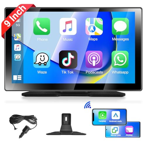Autoradio Portatile con Touchscreen IPS da 9 di Grandi dimensioni con A-pple Carplay e Android Auto, Podofo Carplay con Trasmettitore Bluetooth/FM per Auto/SUV/Furgoni/Pick-up e Camion, 7V-32V