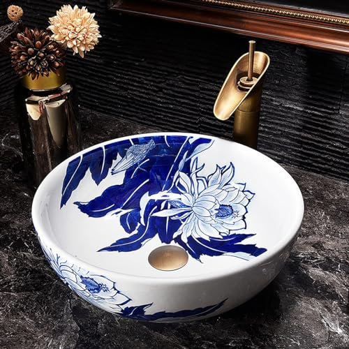 Cuencos redondos para fregadero de baño, fregadero de cerámica con grifo y escurridor sobre el mostrador, fregadero de cerámica de porcelana azul y blanca, 15.7 x 15.7 x 5.9 pulgadas