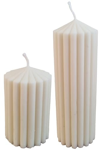 kerzenschule - 2er Set Handgemachte Rillenkerzen aus Rapswachs (Naturwachs) „Klein & Groß - grobe Rillen“ - Deko Kerzen in Weiß - Kerze mit Baumwolldocht - Säulenkerzen ohne Schadstoffe (110g/113g)