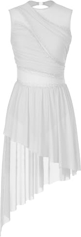 dPois Asymétrique Robe de Danse Classique Femme Adulte Justaucorps Gymnastique Ballet Leotard Robe Danse Lyrique Latine Tango Danseuse Performance Blanc S