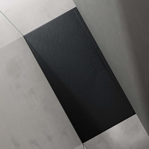 doporro Duschtasse Duschwanne 80x160x3 flach Mineralguss in Anthrazit inkl. Ablaufgarnitur AL06 DIN-Anschlüsse für bodenebene Montage geeignet Geoma07