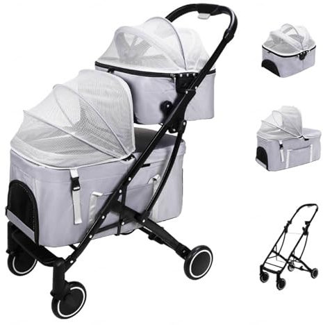 DECORN Pets Doppel-Haustier-Kinderwagen für 2 Kleine Hunde oder Katzen Leichter, Faltbarer Doppel-Hundekinderwagen mit Abnehmbarer Tragetasche für Reisen, Camping, Einkaufen, Spazierengehen,Grey