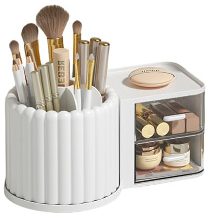 NUODWELL 360 ° drehbarer Make-up-Pinselhalter mit 2 Schubladen, Schreibtisch Tidy Organizer Bleistifthalter, Make-up Organizer für Kommode, Schlafzimmer, Badezimmer, Büro (Weiß)