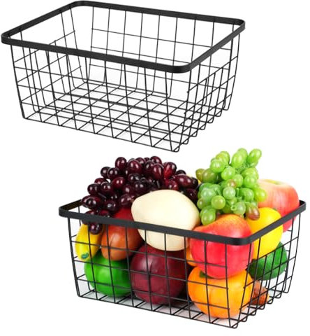 Küchen-Metalldrahtkörbe mit Griffen, Lebensmittelaufbewahrung, Obstaufbewahrer, Organizer, Haushaltskühlschrank für Schränke, Speisekammer, Badezimmer, Schwarz, 2 Stück