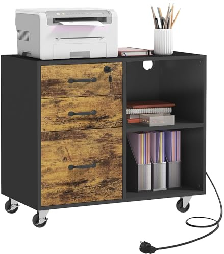 HOMCOM Mobile per Stampante a 4 Ruote con 3 Cassetti, 2 Ripiani Aperti e Foro Passacavi, Mobiletto Stampante in MDF, 80x40x65.5 cm, Marrone e Nero