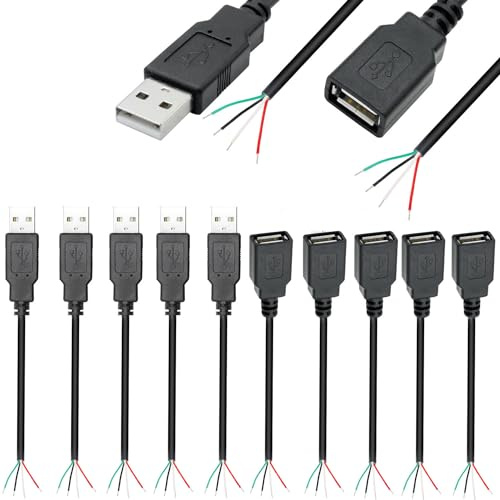 VISSQH 10 Stück(5 Paar) USB Stecker & Buchse Pigtail Kabel,USB Stecker Lötbar 4 pin Bare Wire,USB 2.0 Stecker blankes Kabel Pigtail für USB-Geräte installiert oder DIY ersetzen Reparatur (30cm)