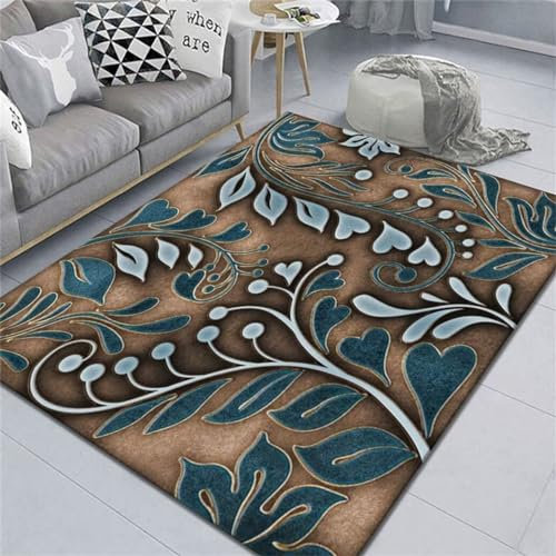RUGMRZ Wohnzimmerteppich 80x150CM Teppich für esszimmer waschbarer kinderzimmer Blau Restaurant-Staubmatte mit botanischem Aufdruck