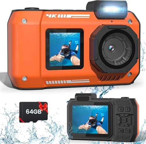 Caméra étanche 4K 65MP Robuste Résistante à la poussière et aux chocs Carte 64Go Caméra sous-marine plongée tuba Autofocus Selfie Double écran