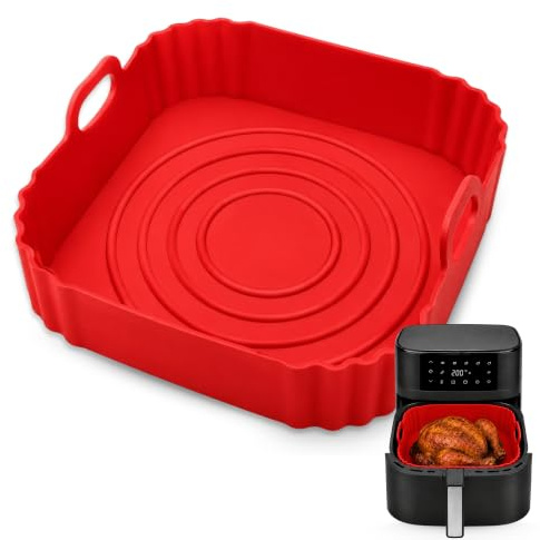 CHEFZOCO Molde Silicona Cuadrado para Freidora de Aire, Accesorios Freidoras de Aire, Recipiente de Silicona Cuadrado para Freidora, Antiadherente, Apta para freidoras de 4 a 5 litros, Silicona, Rojo