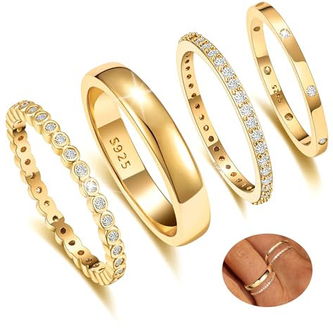 KENIY 4 Stück Gold Ringe Frauen Stapelringe mit Zirkonia 14 Karat Vergoldete Ringe Set Ring Gold Damen Fingerring Daumenringe Verlobungsring Schmuck