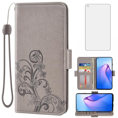 Asuwish Compatible with OPPO Reno 8 5G Wallet Case and Tempered Glass Screen Protector Flip Purse Accessories Rubber Wrist Strap Credit Card Holder Stand Cell Phone Cover for Reno8 Women Men Grey
