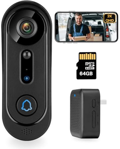 SonoxJunan 2K Video Doorbell Wireless, 2.4Ghz WiFi Doorbell Camera with 64GB SD Card, Indoor Chime,Two-Way Audio, IP66 Weather Resistance, IR Night Vision, AI Human Detection, Support Cloud Storage
