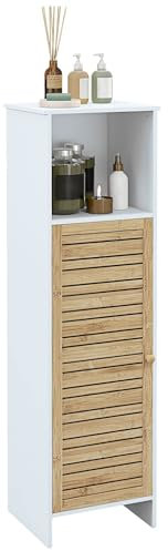 HOMCOM Badezimmerschrank auf Fuß, Badezimmer Aufbewahrungsschrank, Badezimmermöbel mit 1 offenem Fach und 1 Schrank mit verstellbarem Einlegeboden, Tür aus Bambus, 35 x 30 x 120 cm, Weiß