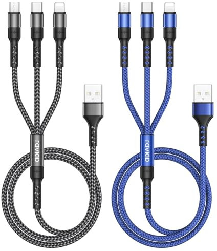 RAVIAD Câble Multi USB Court, 3 en 1 Câble Universel [50CM, Lot de 2] Multi USB Câble de Chargement en Nylon avec Micro USB Type C Lightning Câble pour iPhone, Samsung S23, Huawei, Honor, OnePlus