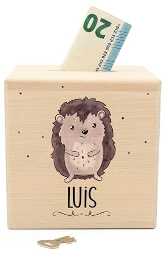 Muckelmeister Spardose Kinder Personalisiert mit Namen aus Holz - Igel | 10x10x10cm, Spardose mit Schloss und Schlüssel, Nikolaus Geschenk Kinder Weihnachten, originelle Geschenke zur Geburt