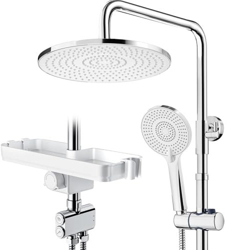 Rainsworth Duschsystem mit Ablage Chrom - 25 X 25 cm Rund Regendusche und 3 Strahlarten Duschkopf, mit Umsteller aus Messing,Duschsäule Duschset für Dusche ohne Armatur