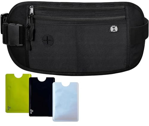 Reisepass-Geldgürtel, Taillengürtel mit verstellbarem Gummiband, Taillen-Geldtasche mit 3 RFID-Kartenschutzhüllen, RFID-blockierende Brieftasche für Reisepass, Bargeld, Handy, Schwarz , Geldgürtel