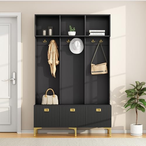 Garderoben Wandgarderobe Set mit Bank und 6 Goldene Haken, Flurgarderobe Set Garderobenschrank mit Offenes Staufach und 3 Türen für Flur, Wohnzimmer, 120×40×191cm (Schwarz)