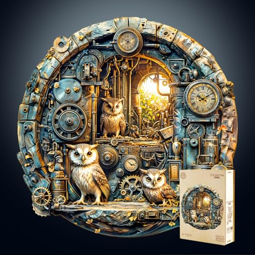 KaayeeWood Rompecabezas de Madera para Adultos,300 Piezas Búho Steampunk Irregulares Puzzle de Madera,Puzzles para Adultos con Caja de Regalo, Decoración del Hogar