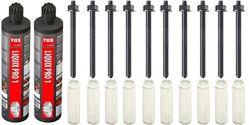 Schwerlast-Befestigungsset M12 mit ZULASSUNG - 10x 12x220mm EDELSTAHL Ankerstangen + 2x Liquix Pro 1 + 10x 20x130mm Siebhülsen, Montagesets M6-M16 (Edelstahl A4, M12 x 220mm)