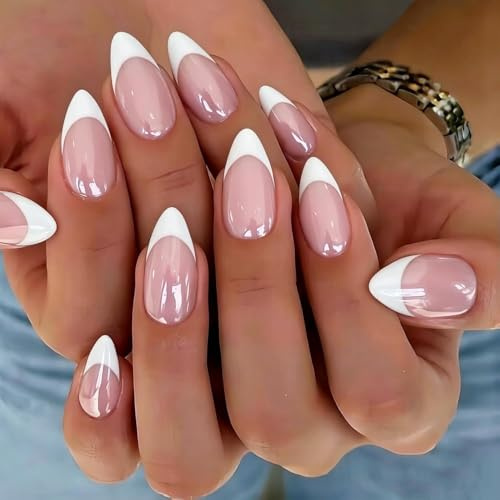 KQueenest Chrome Press On Nails - Glitzer French Weiß Nägel zum Aufkleben Mittel Mandel, Sparkle Bling Fake Nails Künstliche Fingernägel zum aufkleben, Glasiert Acryl Nägel für Frauen, 24 Stück