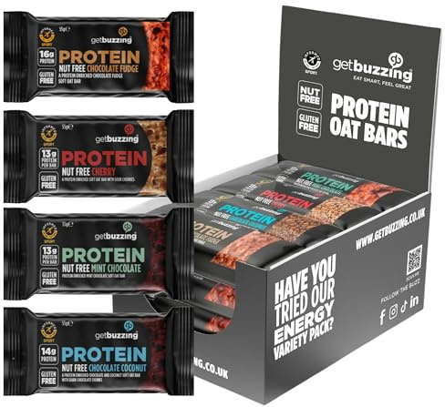 Getbuzzing Nut Free Oat Protein Flapjack Bars – Gluten Free Healthy Snack with Natural Ingredients, High Fibre & School Safe – 12 x 55g Pack – [Mixed Multi Pack] - Supports Running, Cycling and Gym
