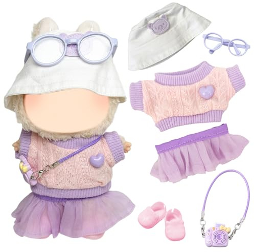 6 Piezas de Ropa para muñecas de 17 cm, Camiseta con tutú de corazón, Sombrero, Gafas, Colgante de cámara, 1 par de Zapatos para la Mini muñeca de Peluche de 17 cm, no incluida en el envío, Lila