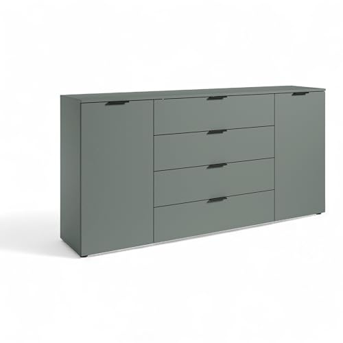 LINZ Kommode in Salbei - Modernes Sideboard mit viel Stauraum - 180 x 90 x 40 cm (B/H/T) | Anrichte mit 2 Türen, 2 Einlegeböden und 4 Schubkästen, schwarze Griffe, Oberboden als zusätzliche Ablagefläche