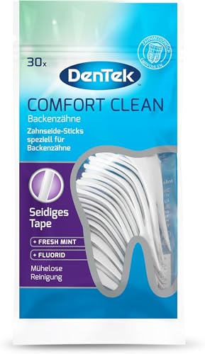 1 x 30 Stk. Dentek Comfort Clean Zahnseide Sticks, speziell für Backenzähne - Zahnreinigung der hinteren Zahnzwischenräume - Minzgeschmack - Fluorid - Zahnstocher, 30 Stück (5er Pack)