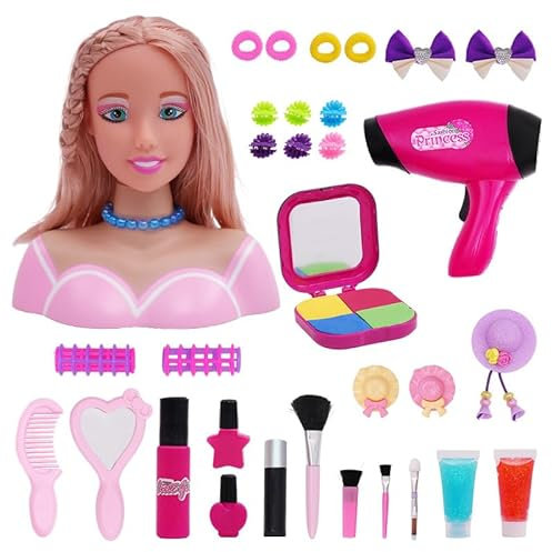 Yestree 33pcs Schminkkopf Puppe Frisierkopf Fur Kinder, Styling Head Frisierköpfe für Kinder, inklusiv Kosmetik und Zubehör
