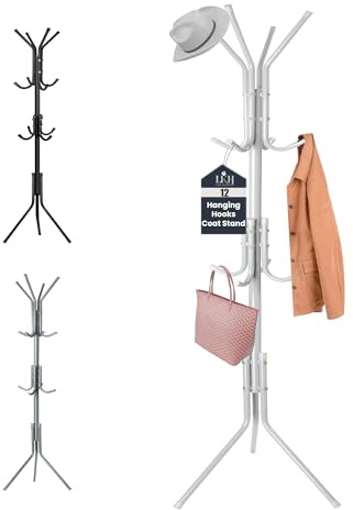 LKH Coat Rack Stand 175cm Steel Hat Stand Coat Stands with Multiple Hooks – Clothes Hanger for Jackets, Hats, Scarves, Bags & Umbrellas Space Saving Design Non-Slip Feet