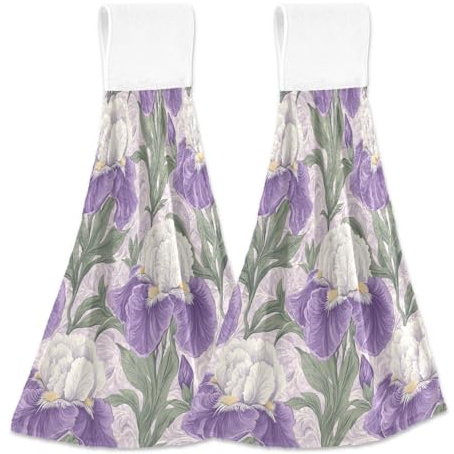 tplaotee Vintage Purple and White Iris Flowers Hand Towel Loop 2 Pack Child washcloths Dish Rags White