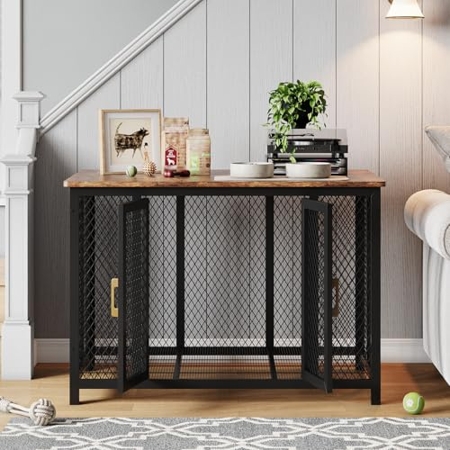 Hundekäfig Möbel, 118.5x78x82.5 cm, Hundebox Für Zuhause, Holz Hundehütte Indoor Outdoor Hundehaus 2 Türen, Beistelltisch Hundegitterbox Hundekäfig Kleine, Mittelgroße Und Große Hun, Rustikales Braun