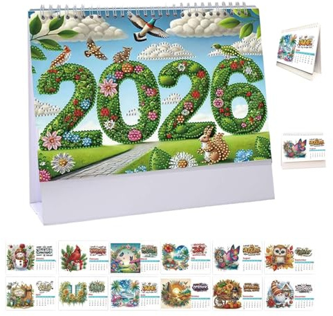 Calendrier de bureau 2026 avec peinture diamant DIY, Calendrier de bureau debout 2026 Calendrier de bureau mensuel à rabat Planificateur pour ornement de bureau maison bureau Cadeau artisanat DIY