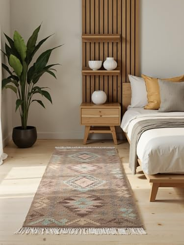 Hanse Home Afghan Kelim Teppich Dune - Bunter Traditioneller Teppich Handgewebt, Wolle & Baumwolle - Afghanischer Stil Oriental mit Fransen für Wohnzimmer, Schlafzimmer - Beige Multi, 60x190 cm