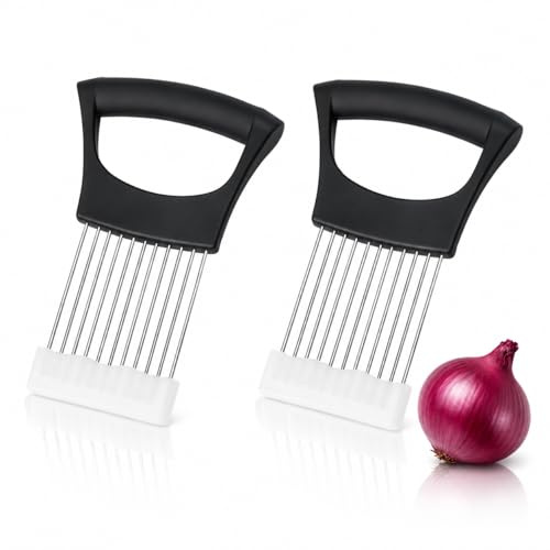 2PCS Onion Holder for Slicing, Stainless Steel Onion Slicer & Vegetable Holder with Protective Cover, Vegetable Cutter Kitchen Gadgets, Kitchen Utensil Food Slicer for Onions, Tomatoes, Potatoes