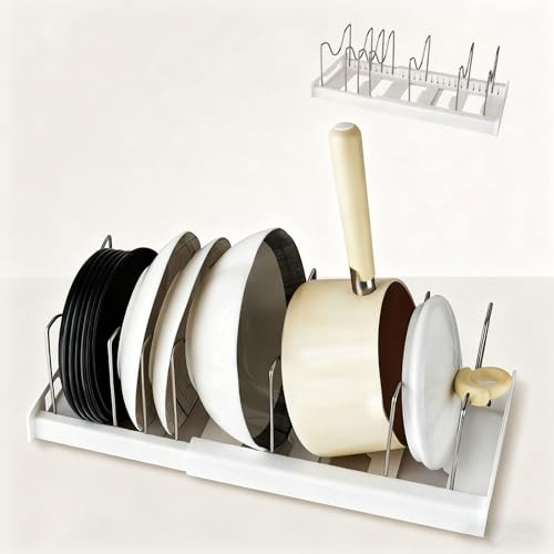 Aupawdy Organizador de Sartenes Expandibile, Soporte de Cocina, 8 Compartimentos Separadores Ajustables, Organizador Sartenes y Ollas Cajon (Blanco)