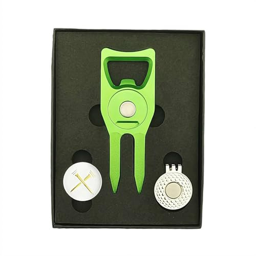 Personalisierbares Golf-Set – Premium Pitchgabel mit Ballmarker und magnetischem Hutclip, 6-in-1 Golf-Reparaturwerkzeug mit Flaschenöffner, Rillenreiniger, Geschenk-Box-Präsentation (grün)